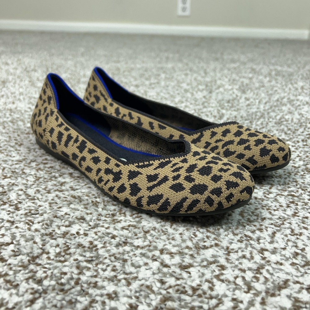 Rothys Shoes Womens Size 8 Beige Leopard The Flat Knit Ballet Flats Washable